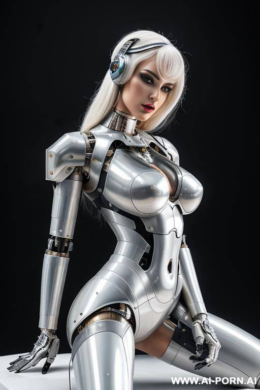 beautiful sensual real female taur cyborg robot with skin in metal-latex white color, with four meccanic leg and metallic ,enormus boobs ,natural uman face, image hd quality - #main