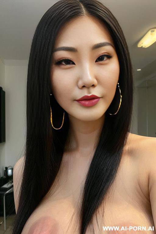 chinese model (((evil))) (flowing hair) (((extremely beautiful))) (((full lips))) (button nose) (submissive) (hoop earrings) (((hourglass figure))) (model) (((eye contact))), full frontal, full body view, ((keep face)), - #main