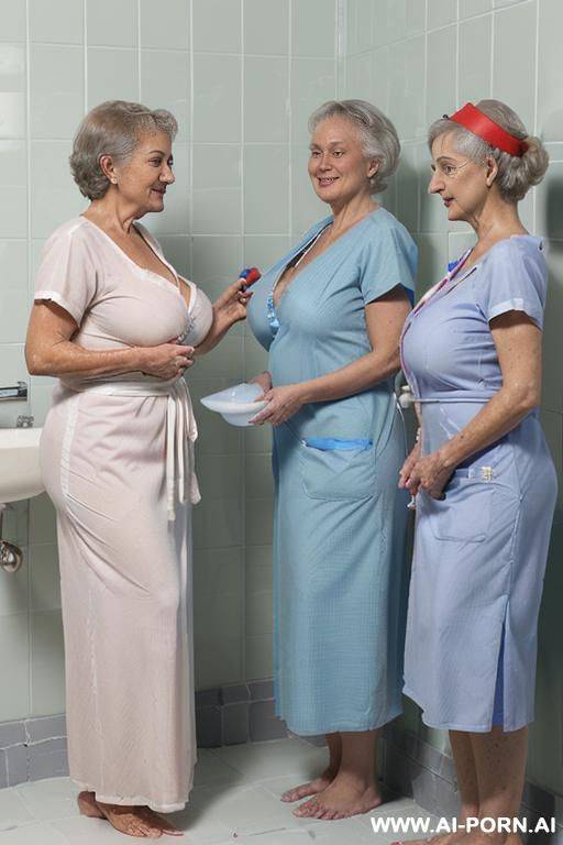 nursing home bathroom ((the resident is having a bath procedure)); two women in the bathroom (one woman is a old granny (she is resident in the nursing home)) (other woman in her early - #main