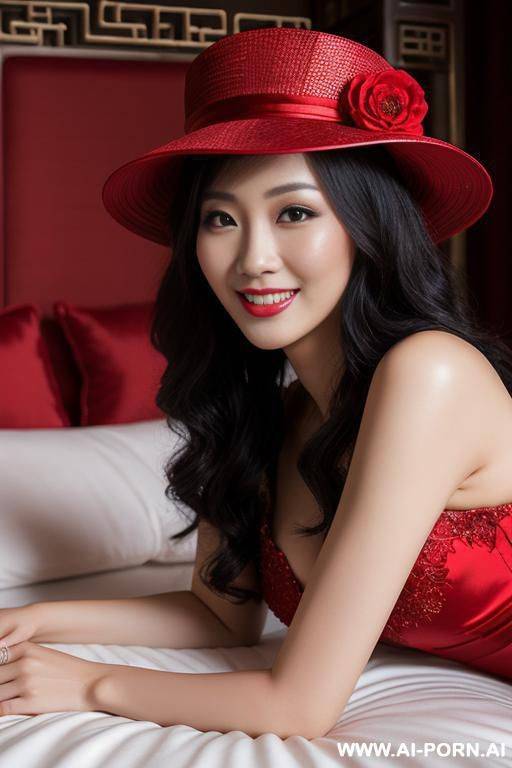 chinese bride, wearing headwear, smile, lying on the bed, enchanting, red bridal gown - #main