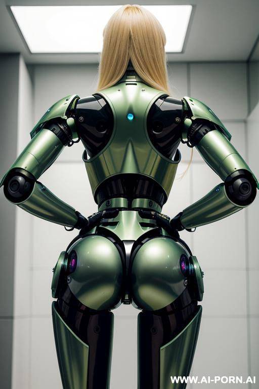 robotic police officer, back view, pretty face, blonde hair, fully green robotic body, athletic body, shapely legs, shapely arms, massive robotic tits - #main