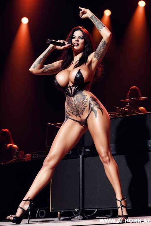 metal goddess, huge boobs, tall, high heels, dutch, leggy, tattoos, naked, realistic, concert, miss universe, porn star face - #main
