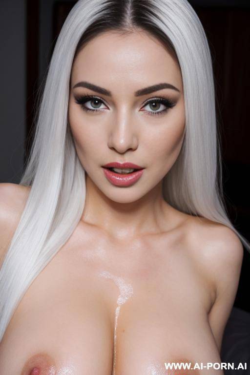 realistic, beautiful face, white white skin, sexy body, cumshot on face, perfect breasts, makeup, eye contact, naked woman fucked by several passionate black men - #main