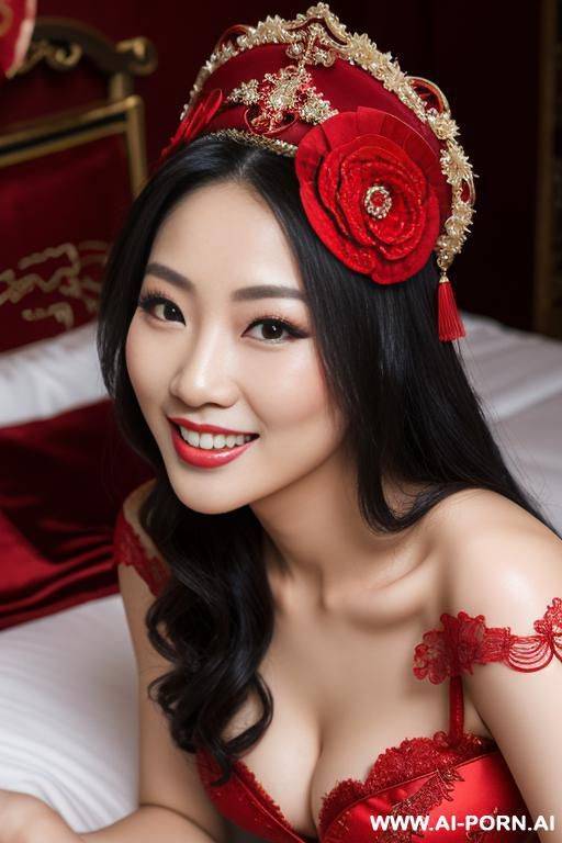 chinese bride, wearing headwear, smile, lying on the bed, enchanting, red bridal gown - #main