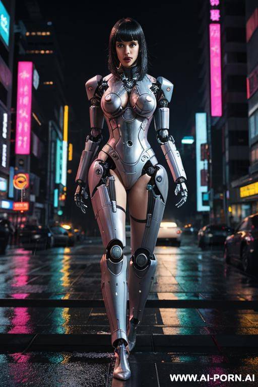 robot, pretty face, cyberpunk city, (rain), (wet), ((nude)) - #main