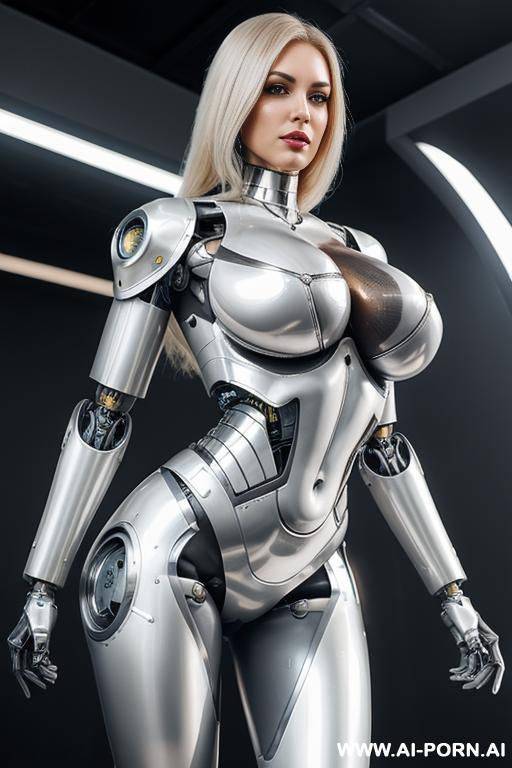 beautiful realistic taur-female cyborg robot with skin in metal-latex white color, with four meccanic metallic legs, giants boobs ,natural uman face, image hd quality. - #main