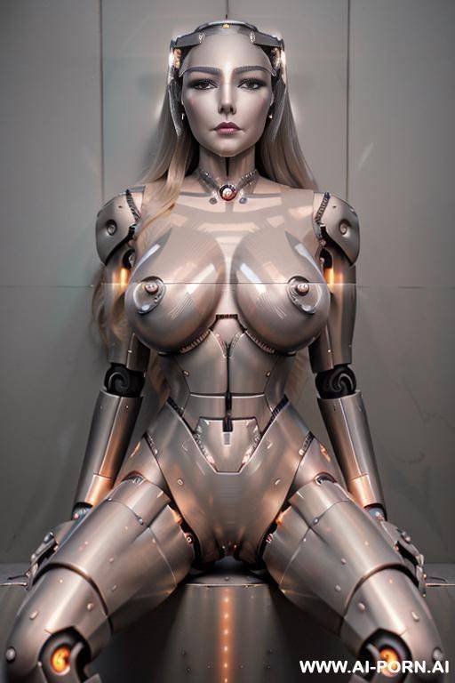robot, sitting, leaning back against the wall, malfunctioning, long straight blonde hair, silicone skin, tan, (huge fake tits:1.3), fit body, naked, choker, ultra-high stripper platform stilettos, - #main