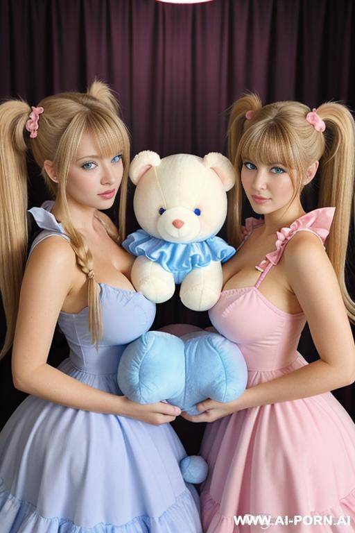 two blonde woman and one light brown haired woman, blue eyes, huge massive gigantic boobs, in the middle of two big pink plushie bears, cheap princess dress, huge hair tail - #main