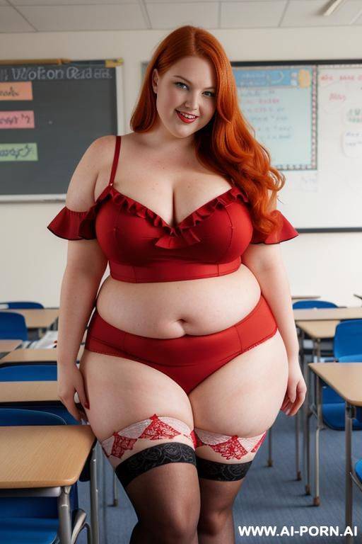 close up full body photo shot, about at classroom, chubby very obese redhead fat bbw curvy teacher, wearing a sexy and hot micro red ruffle skirt, and elegant top, wearing hot stockings, teaching to the classroom. - #main