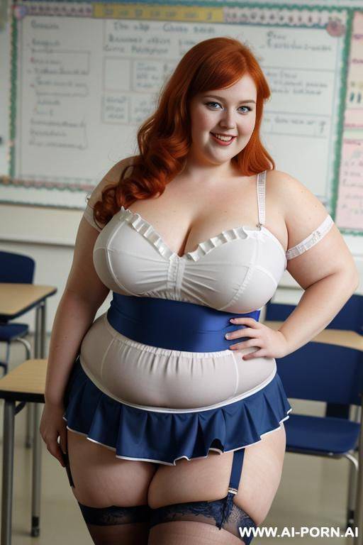 close up full body photo shot, about at classroom, chubby very ((obese)) redhead fat bbw curvy teacher, wearing a sexy and hot micro ruffle skirt, and garter belt top, teaching to the classroom. - #main