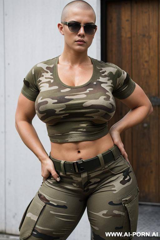muscular voluptuous, shaved head, massive saggy oversized boobs, military sunglasses, white t-shirt, camouflage military pants, black military boots, victory pose - #main