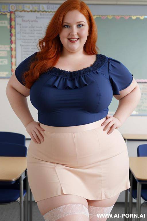 close up full body photo shot, about at classroom, chubby very obese redhead fat bbw curvy teacher, wearing a sexy and hot micro ruffle skirt, and elegant top, teaching to the classroom. - #main