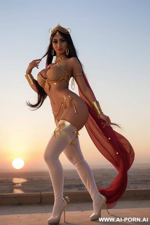 (sunset) (model) (extremely pretty) (full lips) (button nose) (eye contact) (flirty) (submissive) (ahegao) (cleavage) (hourglass figure) (tall) (ass) (hoop earrings) (long socks) (high heels) (hair accessory) (flowing hair) - #main