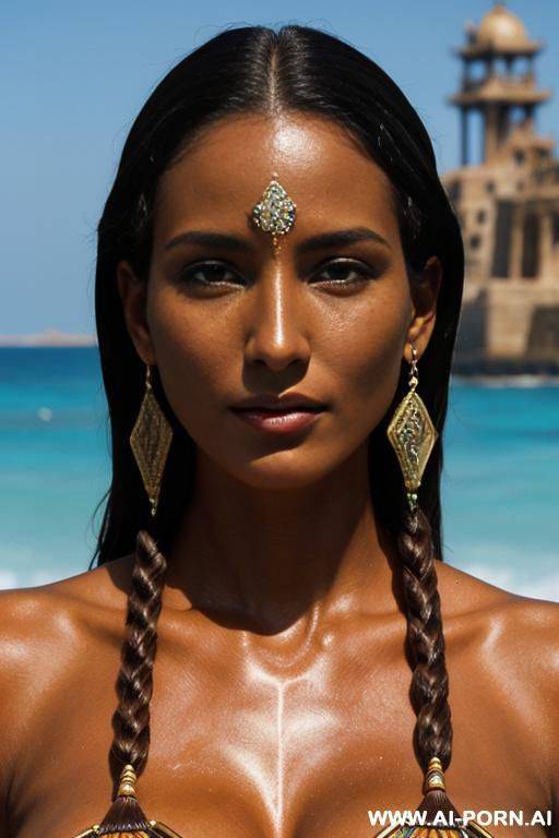 (close up) (extremely tanned atlantis woman) (ornate tribal bikini) (ancient seaside city) - #main