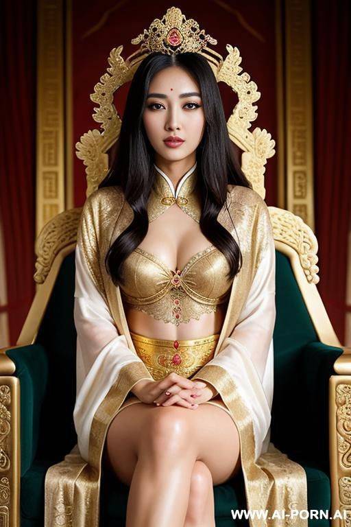 empress of china, open full empress robe, sitting on golden throne in big palace, her iq is ultra-high, very smart, amused, - #main
