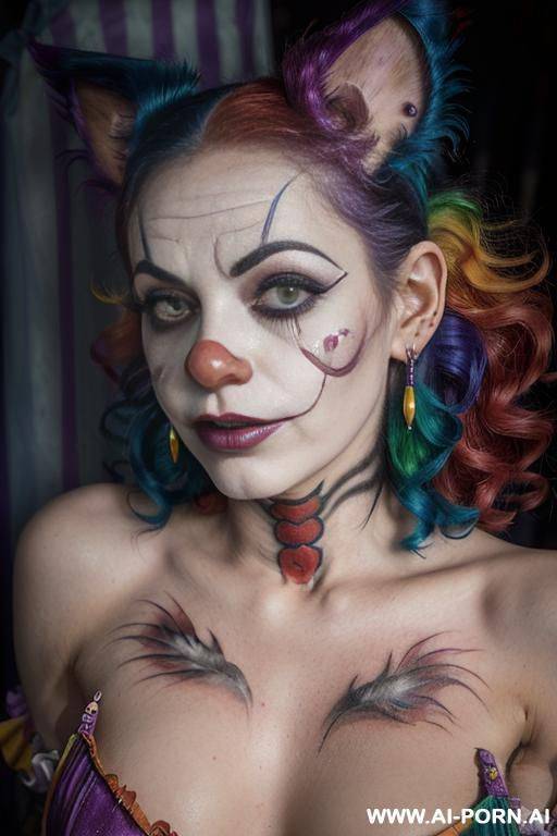 face, sexy, beautiful, ((face painting)), (naked), ((tattoo roses)), ((eyes shw)), ((angel wings)), ((rainbow hair)), ((long bu hair)), ((wind)), (( cat face)), (( cat ears)), (((feather earrings)), neckless, full view, wide angle view, sensual - #main