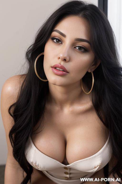 fully naked, kneeling, extremely pretty, model, full lips, button nose, eye contact, ahegao, cleavage, hoop earrings, flowing hair, hourglass figure - #main