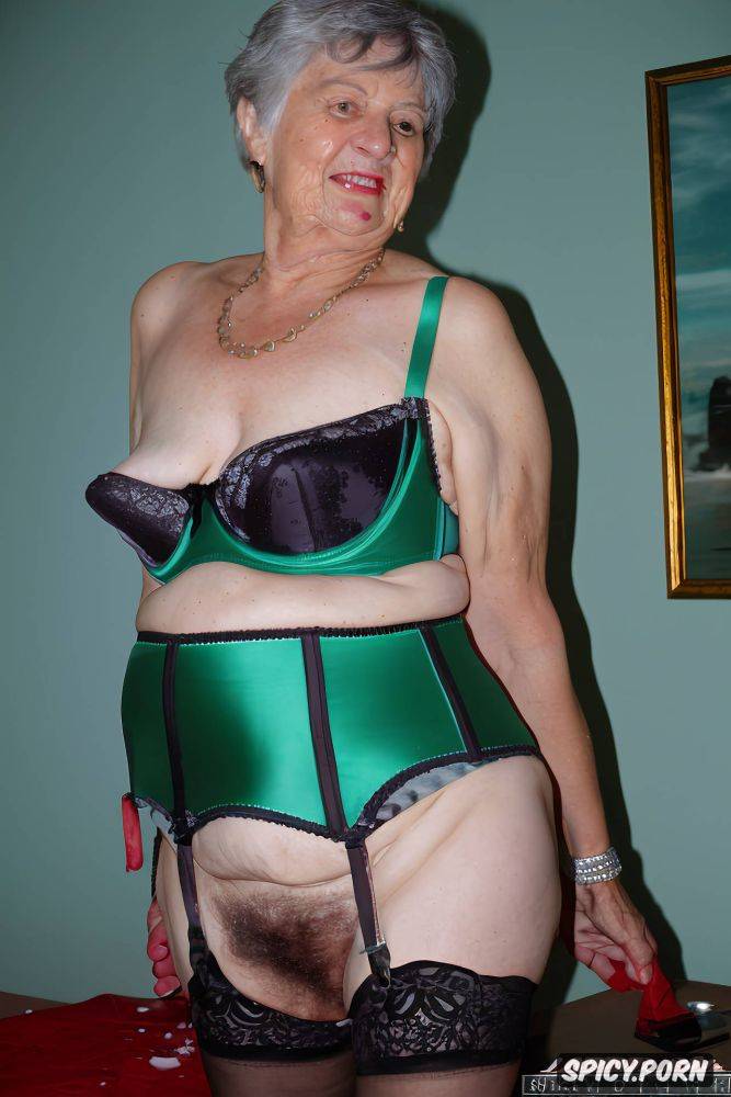fishnet stockings and garters, old irish grandma, wrinkled, cum dripping on chest - #main