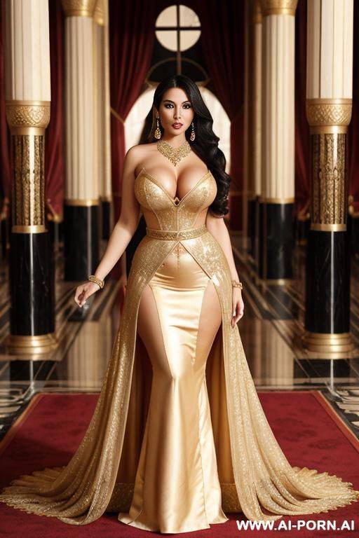palace atrium, royal dress, round boobs, extremely pretty, model, full lips, button nose, eye contact, hoop earrings, hourglass figure, tight waist - #main