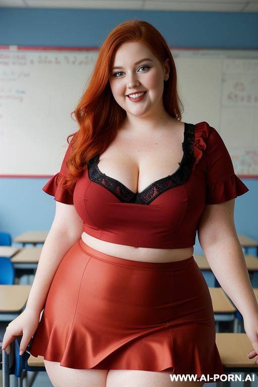 close up half body photo shot, about at classroom, chubby (very obese) redhead fat bbw curvy teacher, wearing a sexy and hot micro red ruffle skirt, and elegant top, teaching to the classroom. - #main