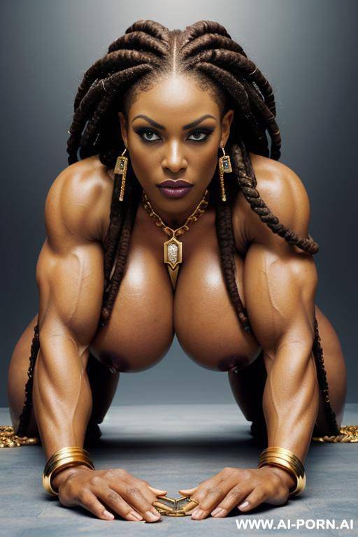black gladiator woman with curvy body. dark skin. necklace, earrings, bracelet, ankle chain. stiletto high heels., gold armband. long thick pointed erect nipples. nose stud. gold chains. blue eyes. - #main