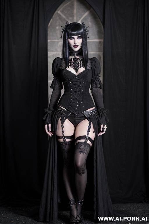 full length body, looking at viewer, black colored hair with blonde colored highlights, full bangs, goth clog, fully clothed, no nudity - #main