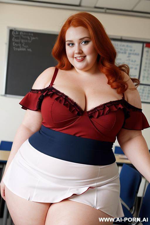 close up half body photo shot, about at classroom, chubby ((very obese)) redhead fat bbw curvy teacher, wearing a sexy and hot micro red ruffle skirt, and elegant top, teaching to the classroom. ((dynamic angle)). wearing heels - #main