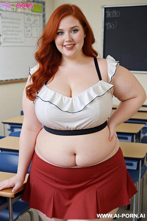 close up half body photo shot, about at classroom, chubby (very obese) redhead fat bbw curvy teacher, wearing a sexy and hot micro ruffle skirt, and elegant top, teaching to the classroom. ((dynamic angle)) - #main