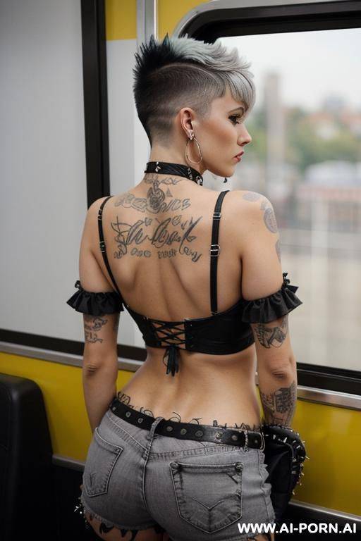 showing off her perfect ass, view from below, close-up, goth, grey hair, bangs, piercings, dark clog, punk clog - #main