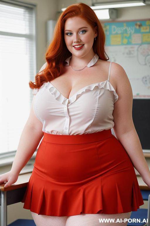 close up full body photo shot, about at classroom, chubby very obese redhead fat bbw curvy teacher, wearing a sexy and hot micro red ruffle skirt, and elegant top, teaching to the classroom. - #main