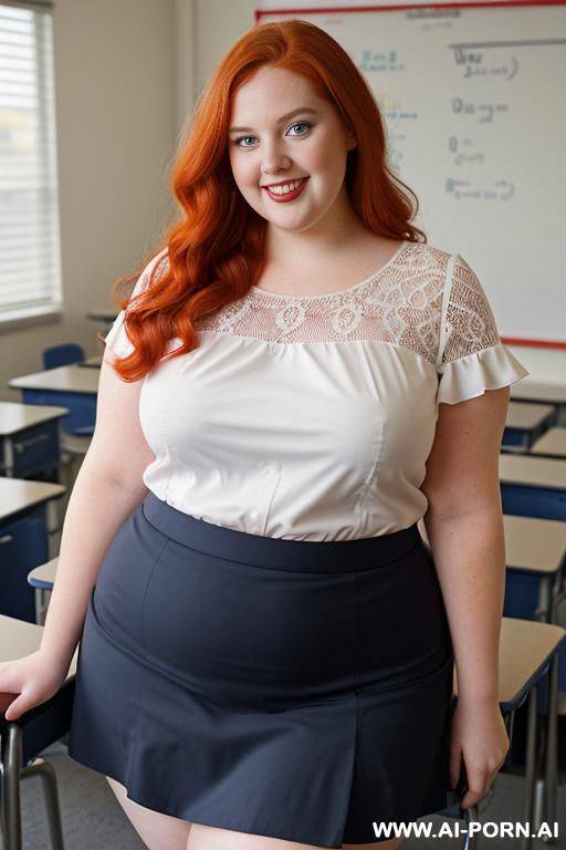 (full body photo shot), about at classroom, chubby very obese redhead fat bbw curvy teacher, wearing a sexy and hot micro red ruffle skirt, and elegant top, teaching to the classroom. - #main