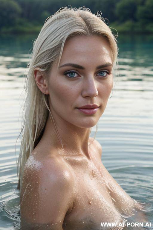 european model, in a lake, half submerged, shoulders sticking out of the water, wet slicked hair, bright blue eyes, pallid white skin, wet skin, wet hair, dirty blonde hair, pulled back wet - #main