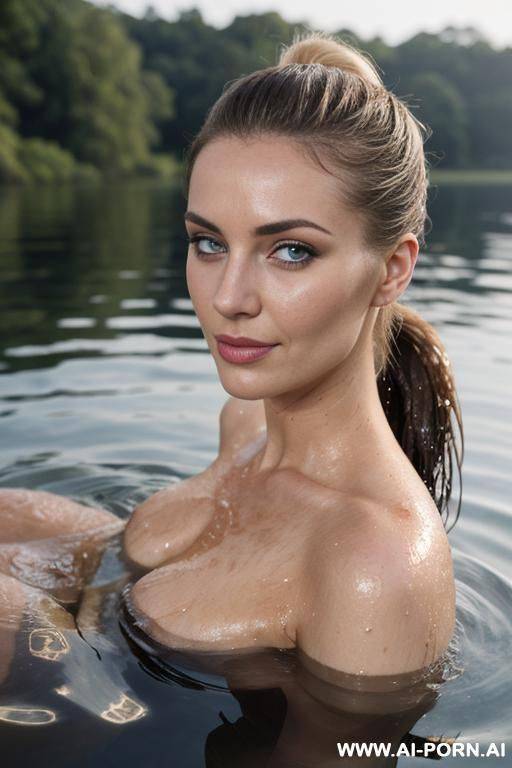 model, in a lake, half submerged, shoulders sticking out of the water, wet slicked hair, bright blue eyes, pallid white skin, wet skin, wet hair, dirty blonde hair, pulled back wet hair, friendly flirty face, high cheekbones, eye contact, natural beauty - #main