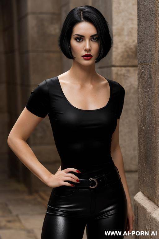 slicked back black hair, tight red shirt - #main