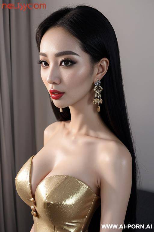 glamorous actress, shiny dress, round boobs, extremely pretty, model, full lips, button nose, eye contact, ahegao, big earrings, styled hair, tight waist, hourglass figure - #main