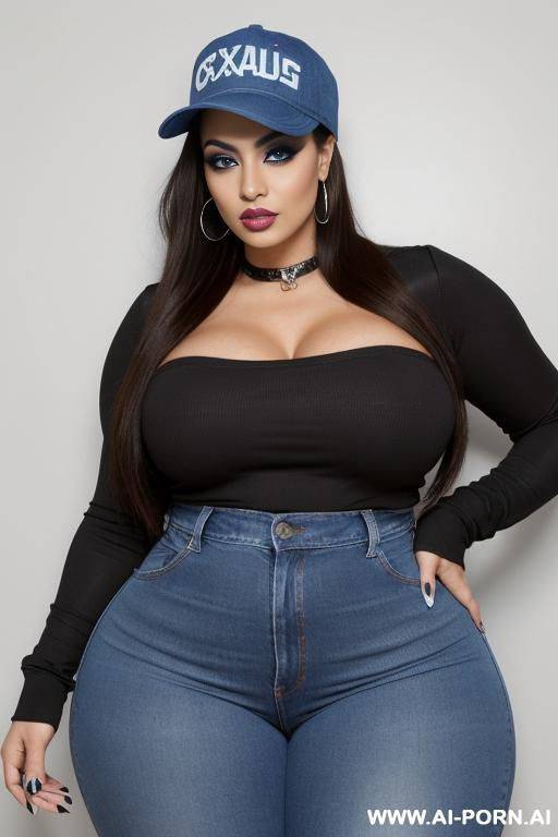 mexican supermodel, big blue eyes, chicana, chola, lots of makeup, eyeliner, low rider woman, reverse baseball cap, extra thicc, huge thighs - #main