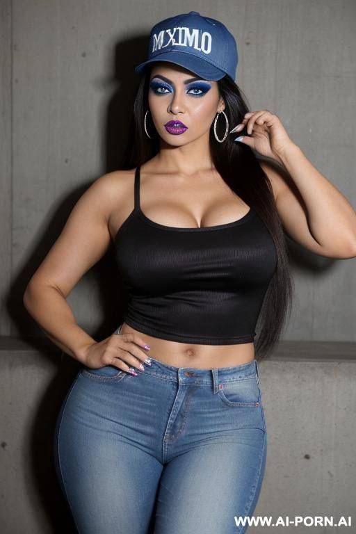 mexican supermodel, big blue eyes, chicana, chola, lots of makeup, low rider woman, backds baseball cap - #main