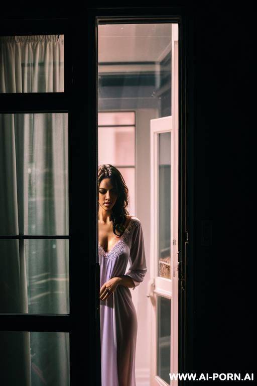 night, darkness, man is standing outside the house and peeping through the window as a woman changes into a nightgown to sleep, view from the street, clearly visible man and woman in the window - #main