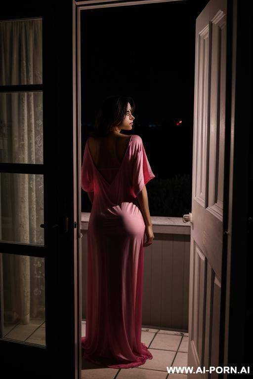 night, darkness, man is standing outside the house and peeping through the window as a woman changes into a nightgown to sleep - #main