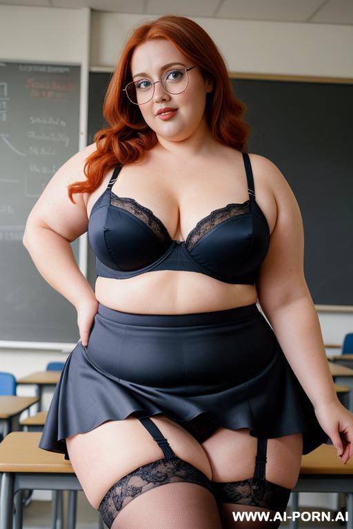 half body photo shot, about at classroom, chubby ((very obese)) redhead fat bbw curvy teacher, wearing a sexy and hot micro ruffle skirt, and stocking lingeries, teaching to the classroom. ((dynamic angle)) - #main