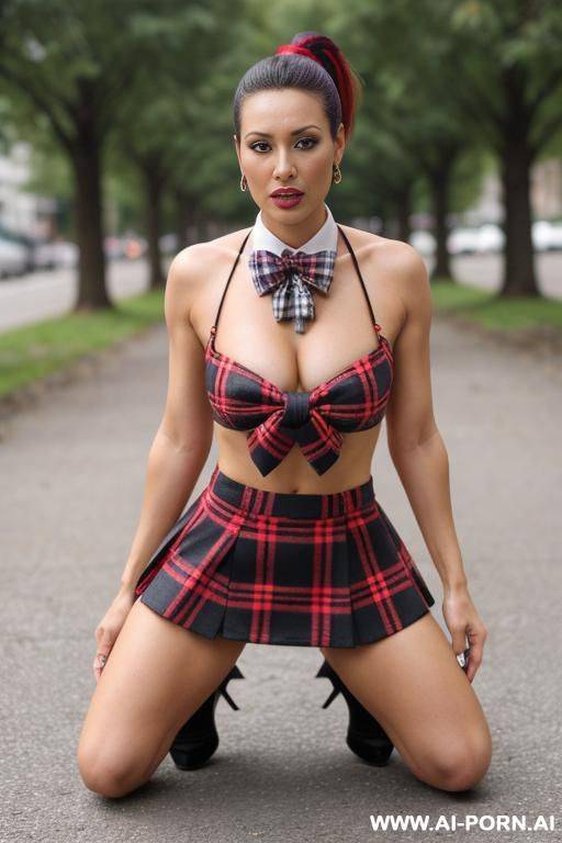 (plaid) (kneeling on the ground) (outdoors) (bow tie) - #main