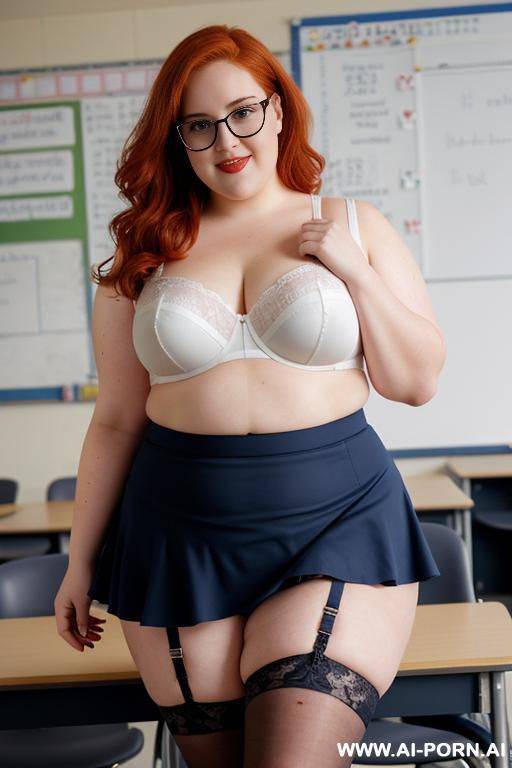 half body photo shot, about at classroom, chubby ((very obese)) redhead fat bbw curvy teacher, wearing a sexy and hot micro ruffle skirt, and stocking lingeries, teaching to the classroom. ((dynamic angle)) - #main