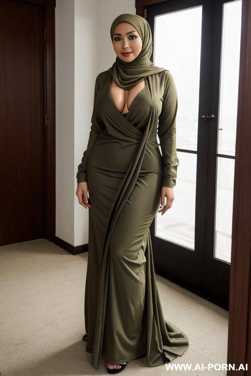 indonesian, sunda ethnicity, light olive skin, long hijab, wearing stylish long hijab, wearing housedress. fully clothed, no cleavage - #main