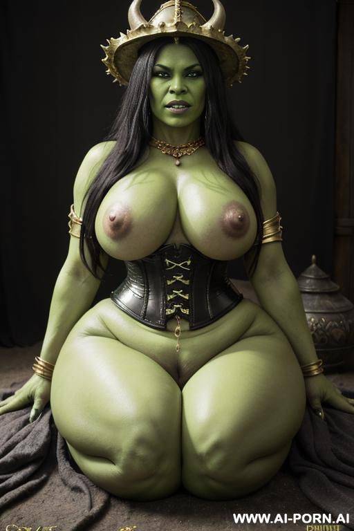 seductive orc queen, full green skin, full green painted skin, big green ass, full body view, fully naked, ((huge massive rounded milky breasts)), ((massive hips)), ((tight orc gold and black - #main