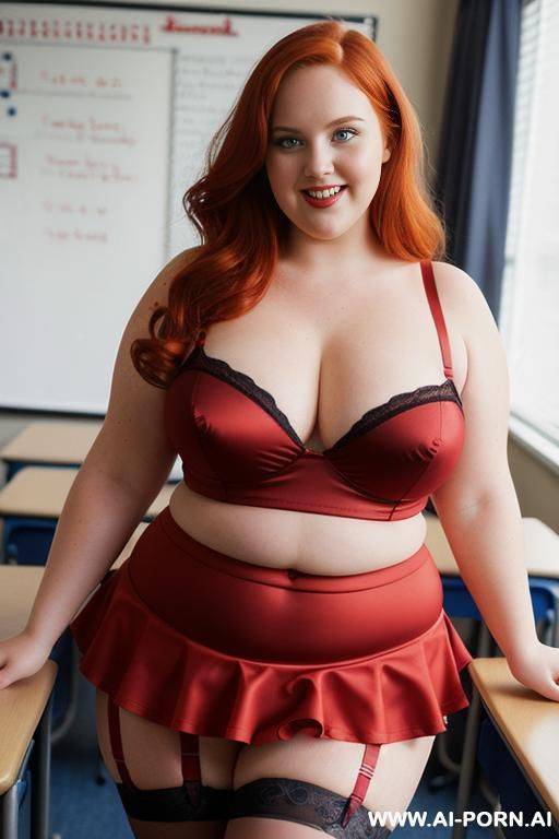 half body photo shot, about at classroom, chubby (very obese) redhead fat bbw curvy teacher, wearing a sexy and hot micro red ruffle skirt, and stocking garter belt lingeries, teaching to the classroom. ((dynamic angle)) - #main