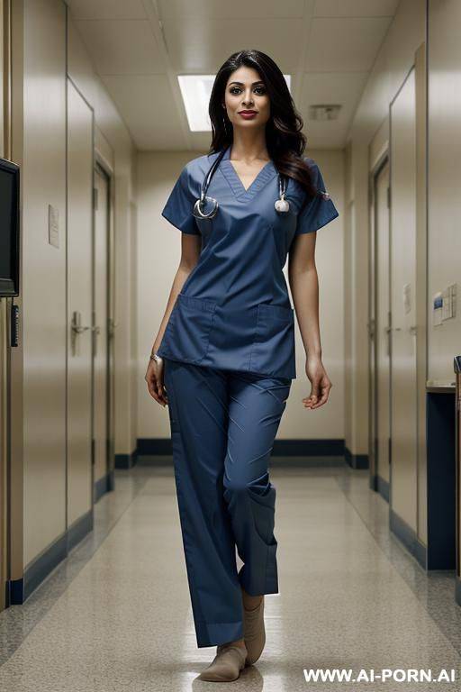 gorgeous persian woman, massive pointy round breast implants, totally nude, hairy pubic, perfect body, voluminous hair, (((she is wearing realistic medical scrubs))) - #main