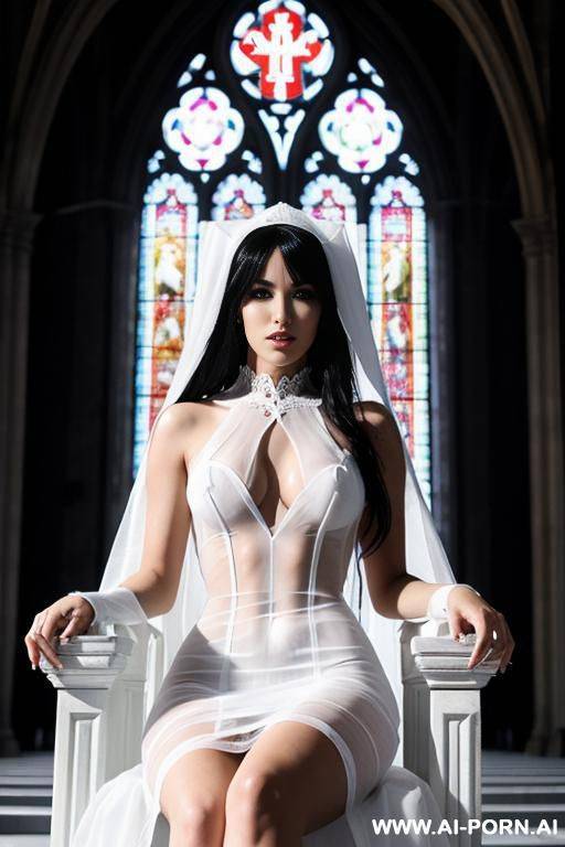 woman in white gothic verrz transparent dress, in the church, sitting on the throne, spread legs, showing vagina - #main