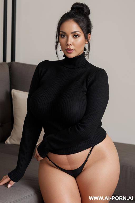 milf. 0 years old. huge natural boobs. busty. beautiful. thick. curvy. short h. seductive look. black hair. hair bun. black turtleneck sweater. black trousers. topless. - #main