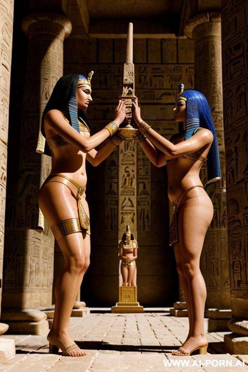 ancient egyptian male temple servant presents a naked female egyptian temple servant with schaved vagina to a chubby priestess in noble egyptian clog - #main
