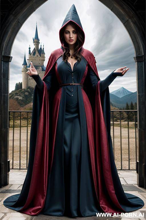 (closeup) (famous fictional wizard castle) (famous fictional smart wizard woman) (transparent cloak) - #main